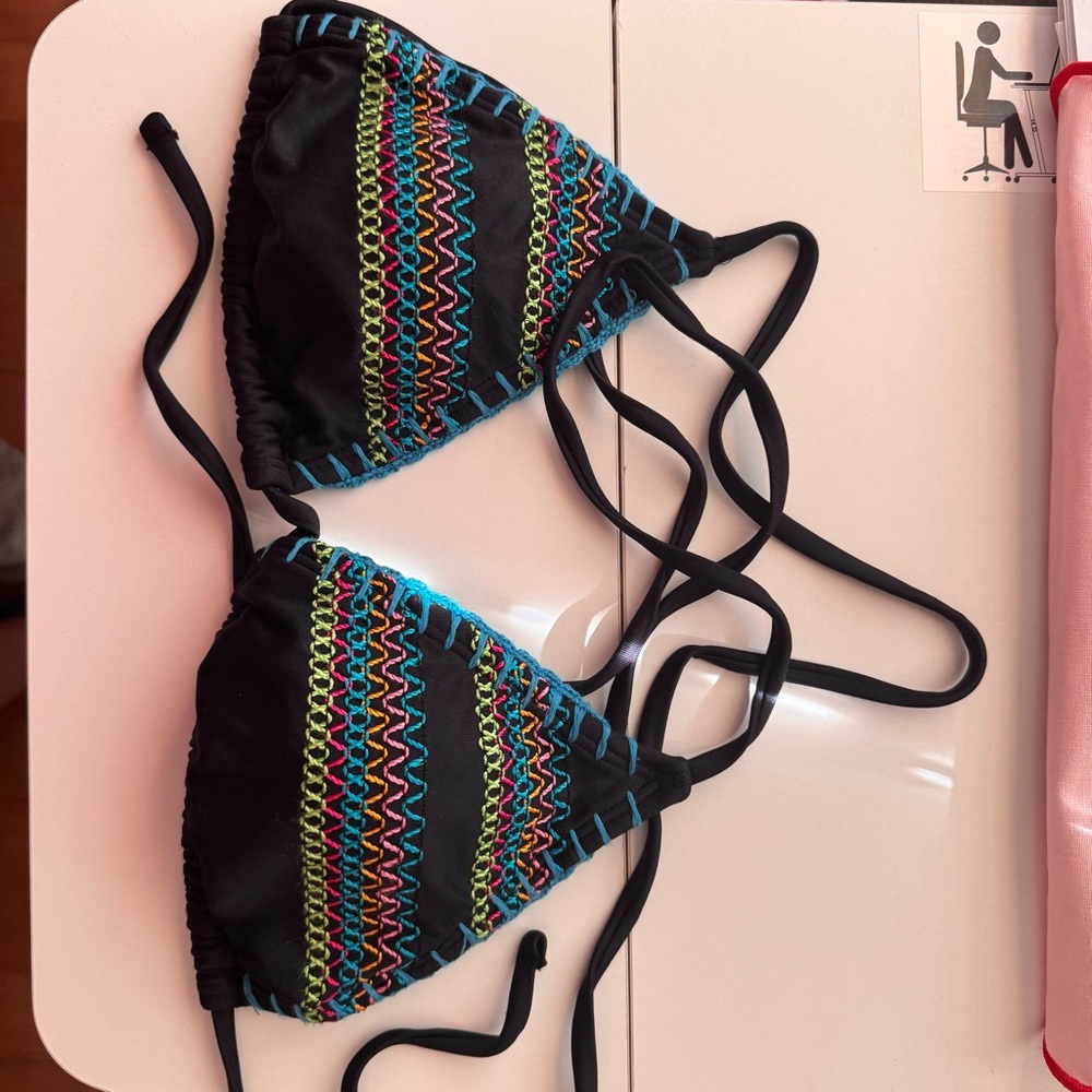 St. Tropez Black Bikini Top with Multicolor Accents